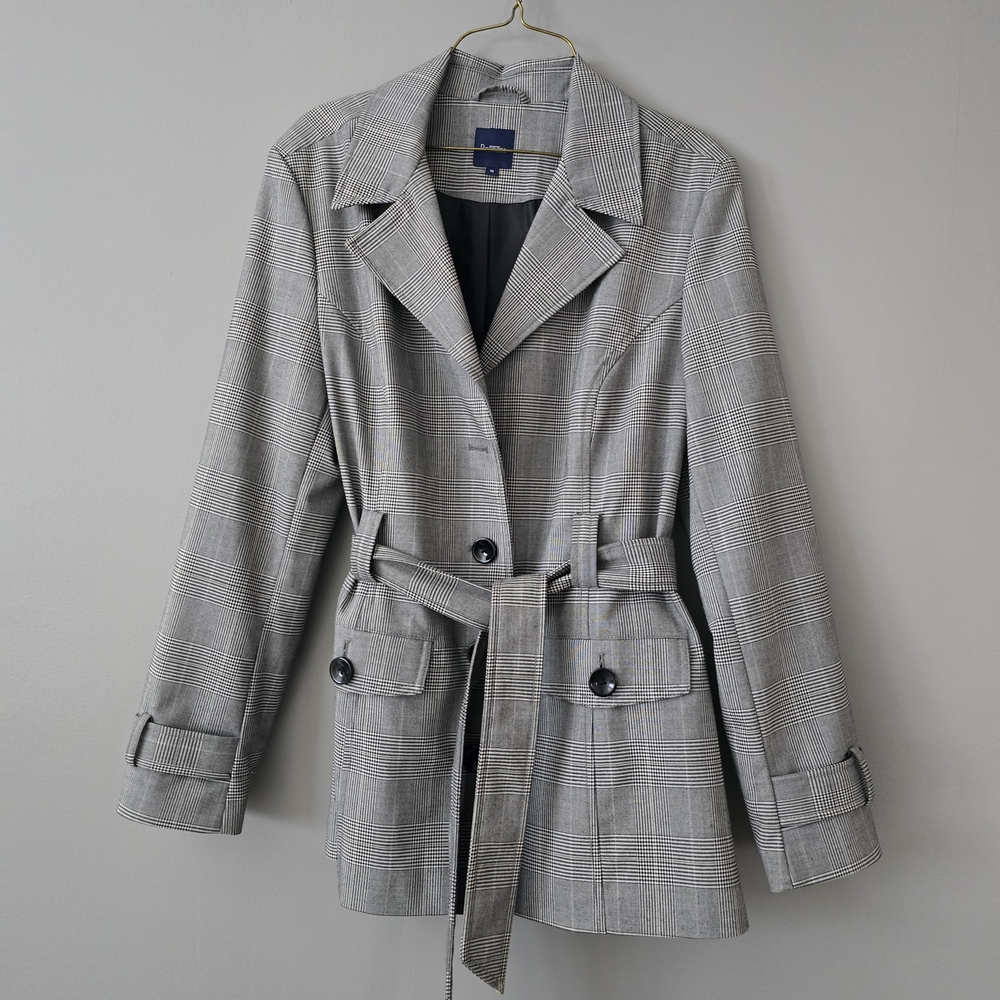 Size 13 Reitmans Gray Plaid Belted Short Trench Coat. Professional Look.